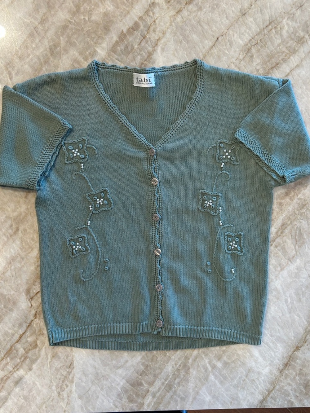 Vintage Sage Green V-Neck Embroidered Beaded Cardigan Cotton EUC